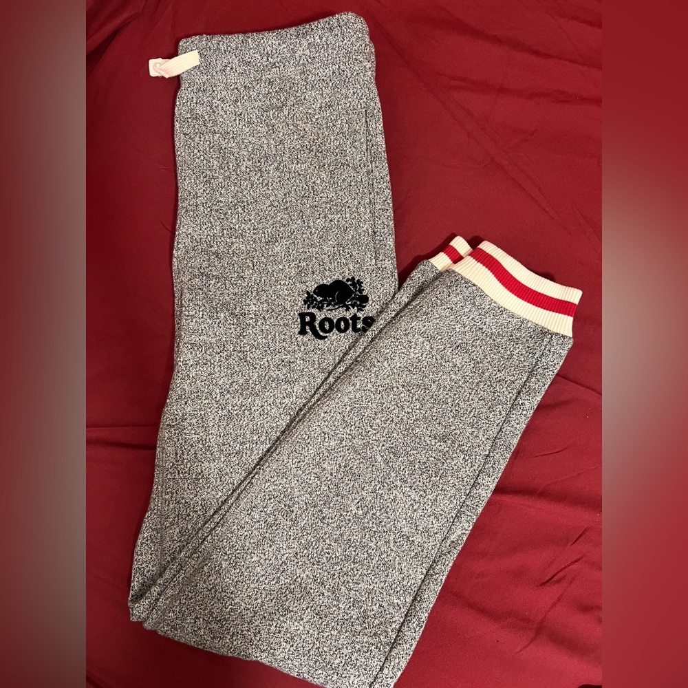 Roots Kids Grey Marled Joggers with Red and Cream Striped Cuffs